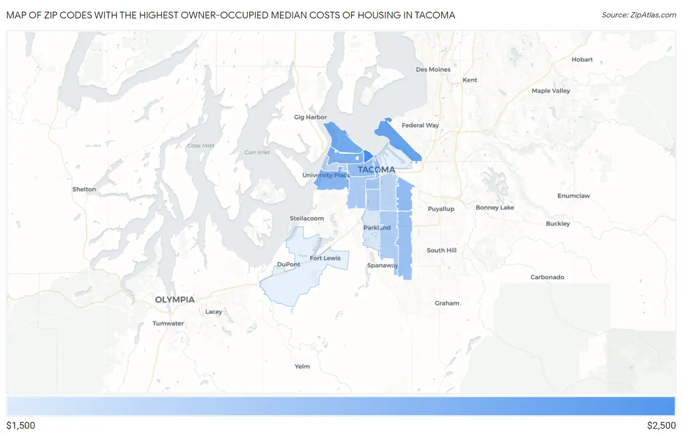 Zip Codes with the Highest Owner-Occupied Median Costs of Housing in Tacoma Map