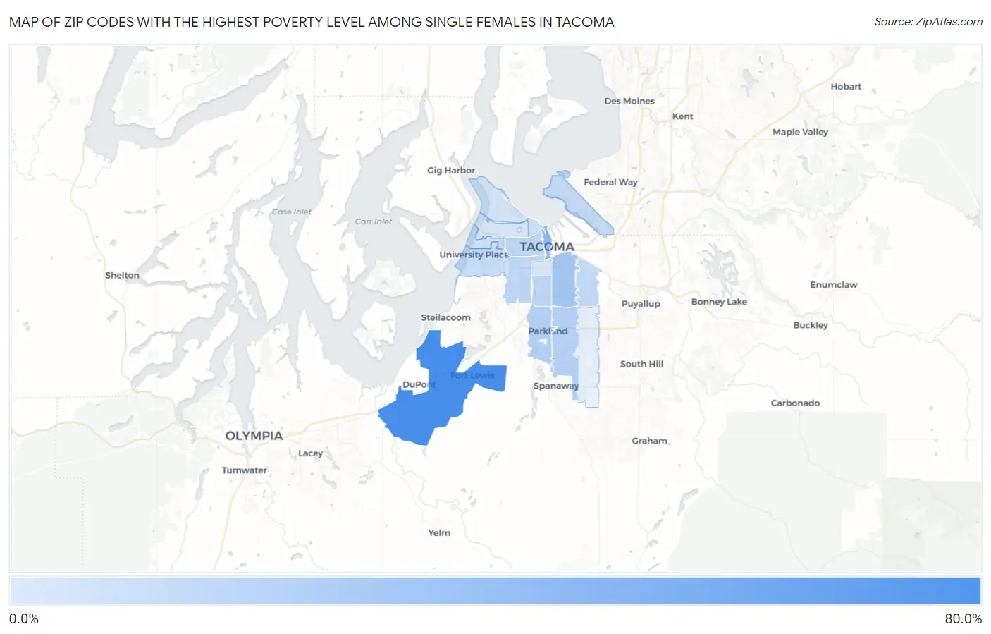 Zip Codes with the Highest Poverty Level Among Single Females in Tacoma Map