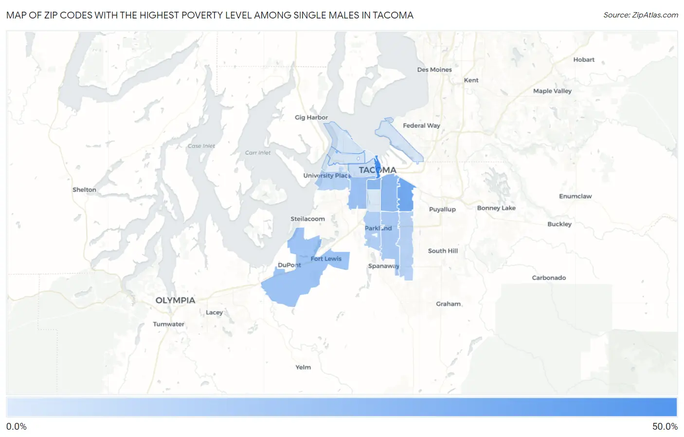 Zip Codes with the Highest Poverty Level Among Single Males in Tacoma Map