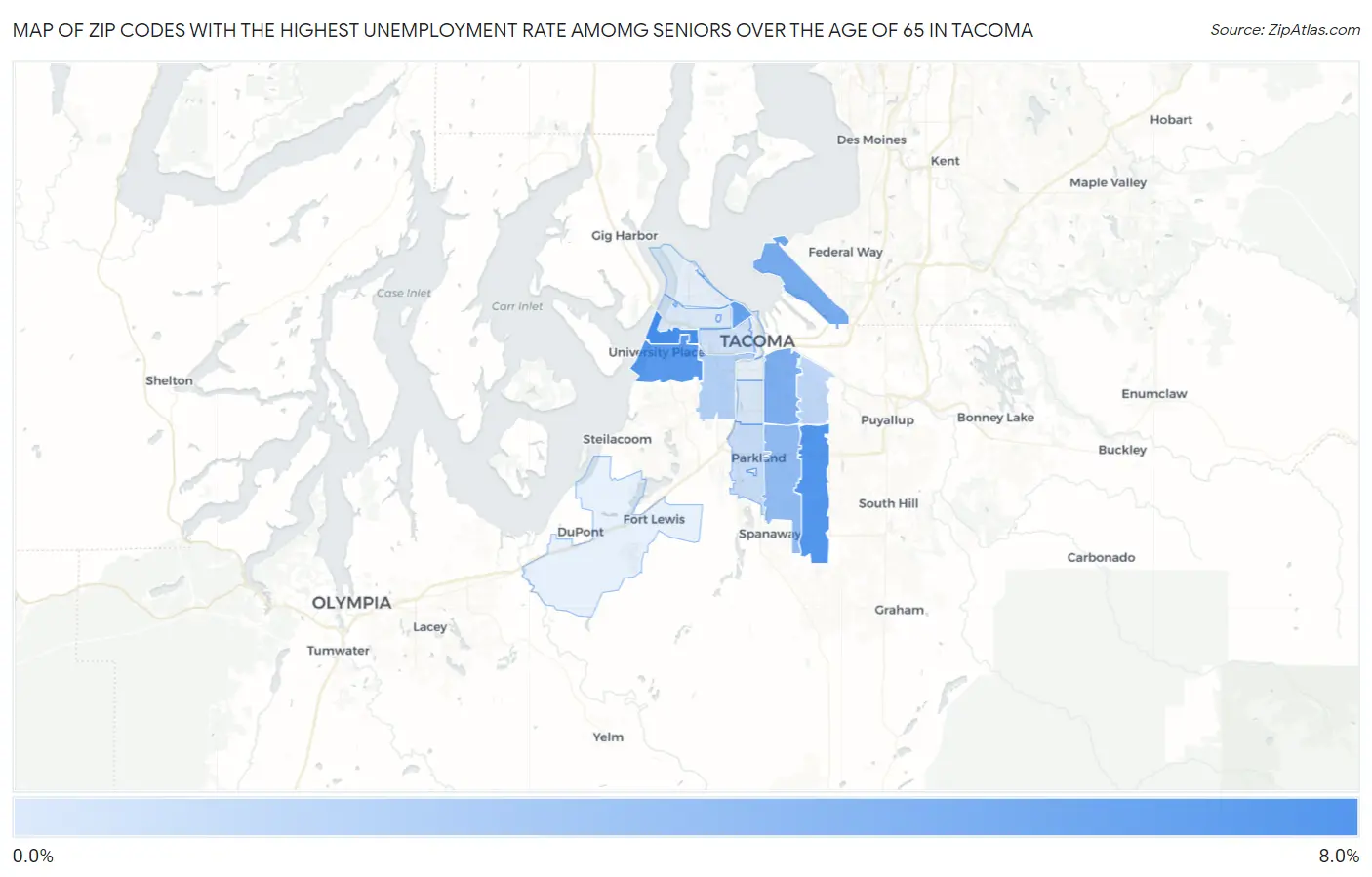Zip Codes with the Highest Unemployment Rate Amomg Seniors Over the Age of 65 in Tacoma Map