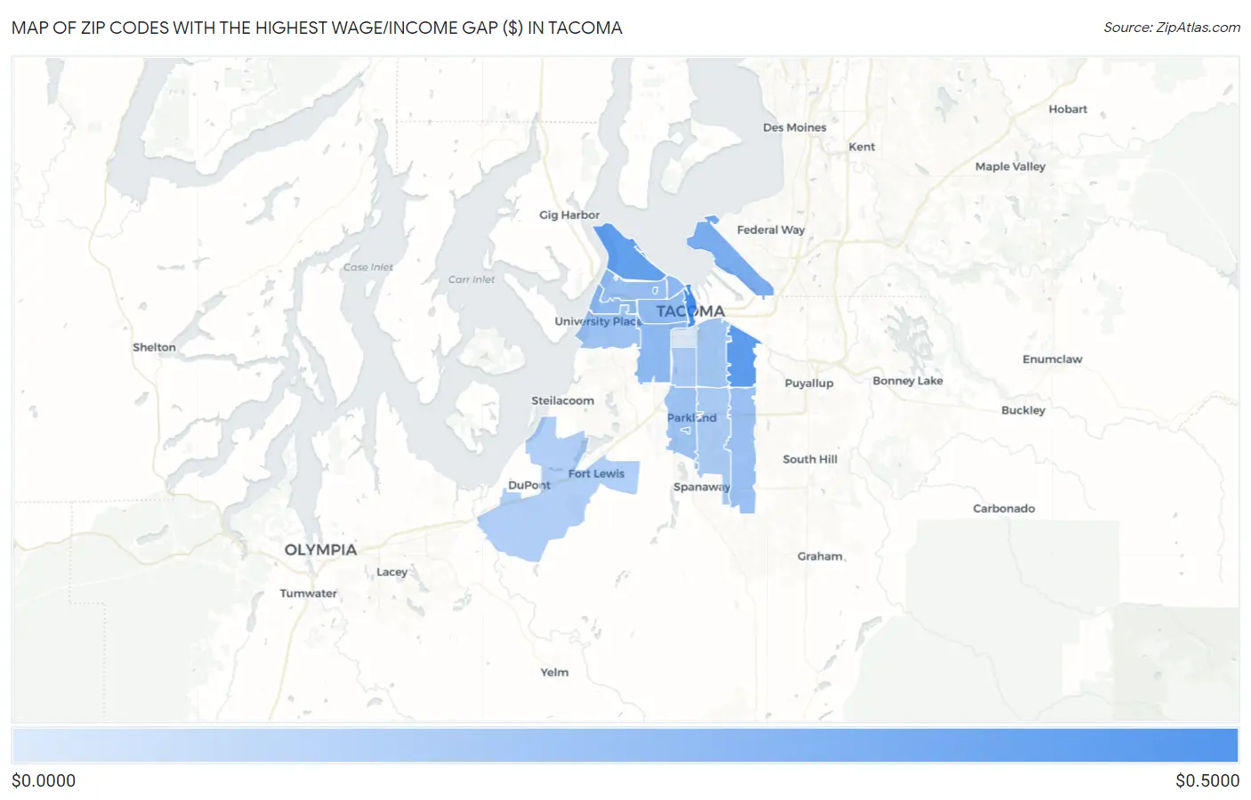 Zip Codes with the Highest Wage/Income Gap ($) in Tacoma Map