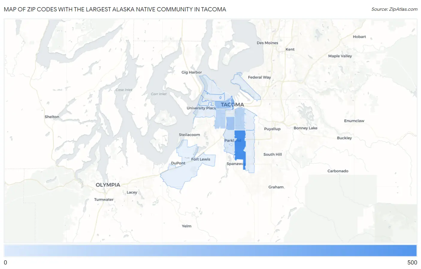 Zip Codes with the Largest Alaska Native Community in Tacoma Map