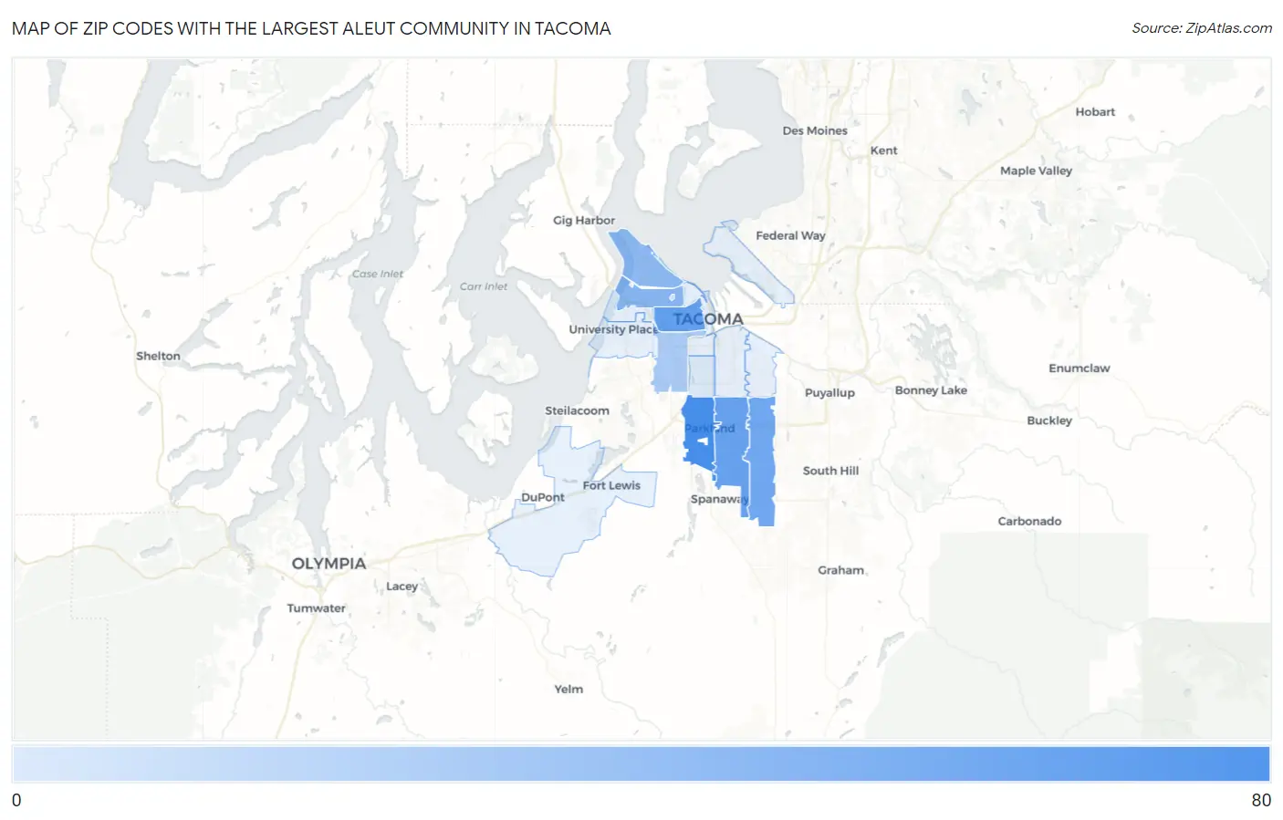 Zip Codes with the Largest Aleut Community in Tacoma Map