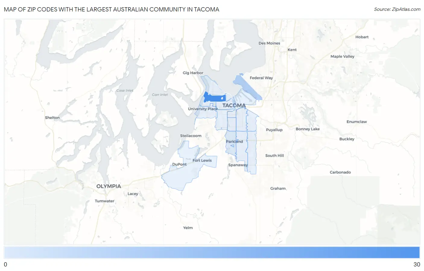 Zip Codes with the Largest Australian Community in Tacoma Map