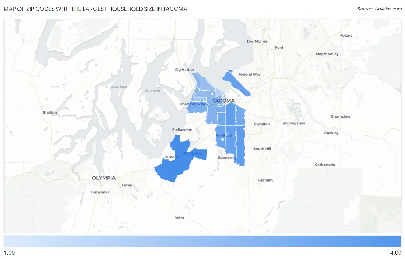 Zip Codes with the Largest Household Size in Tacoma Map
