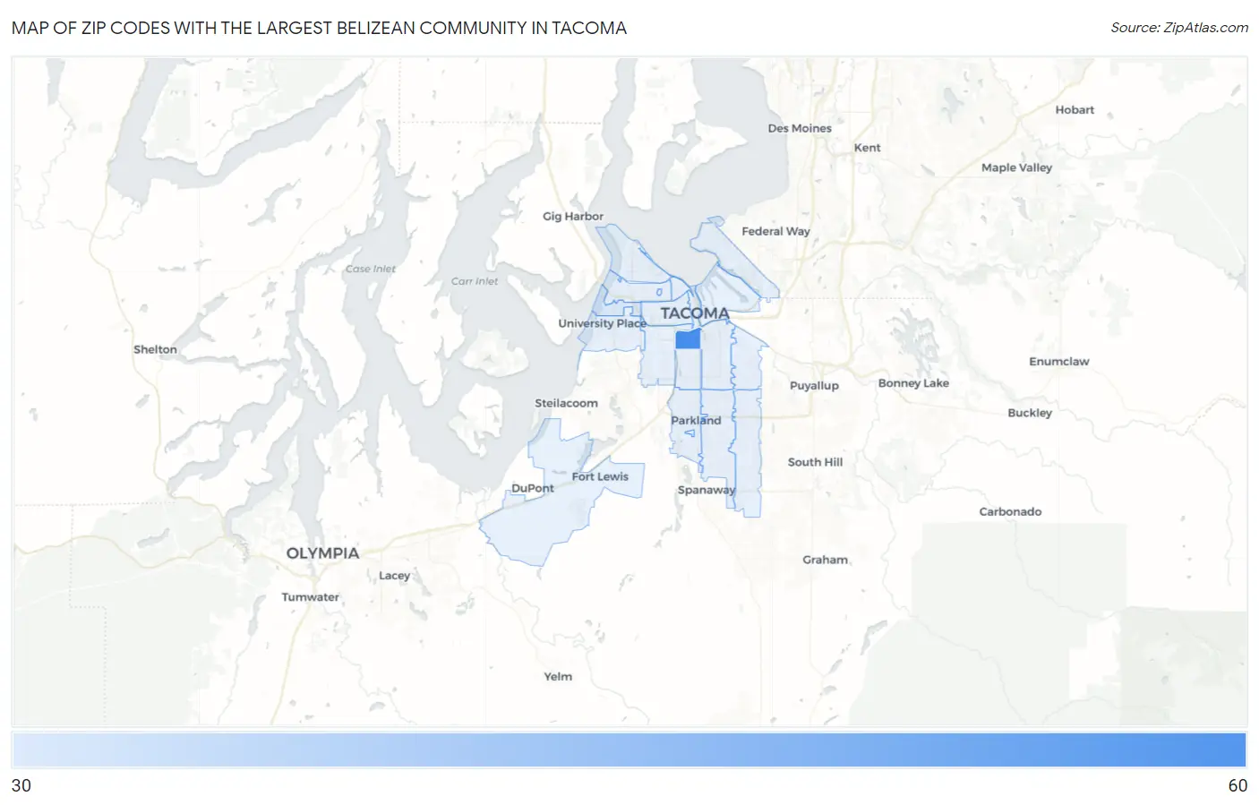 Zip Codes with the Largest Belizean Community in Tacoma Map