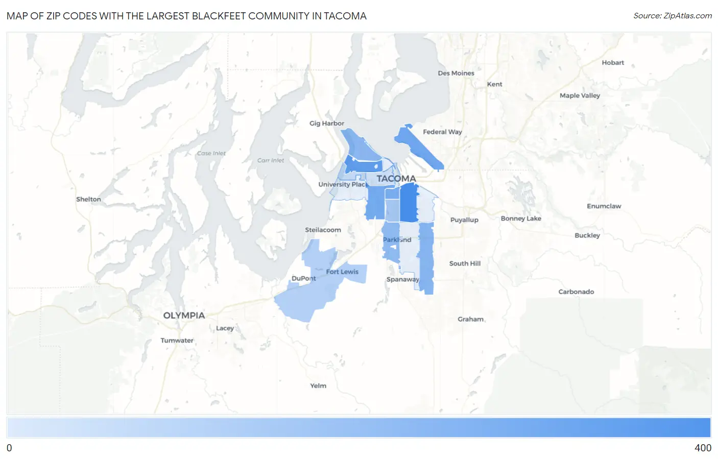 Zip Codes with the Largest Blackfeet Community in Tacoma Map