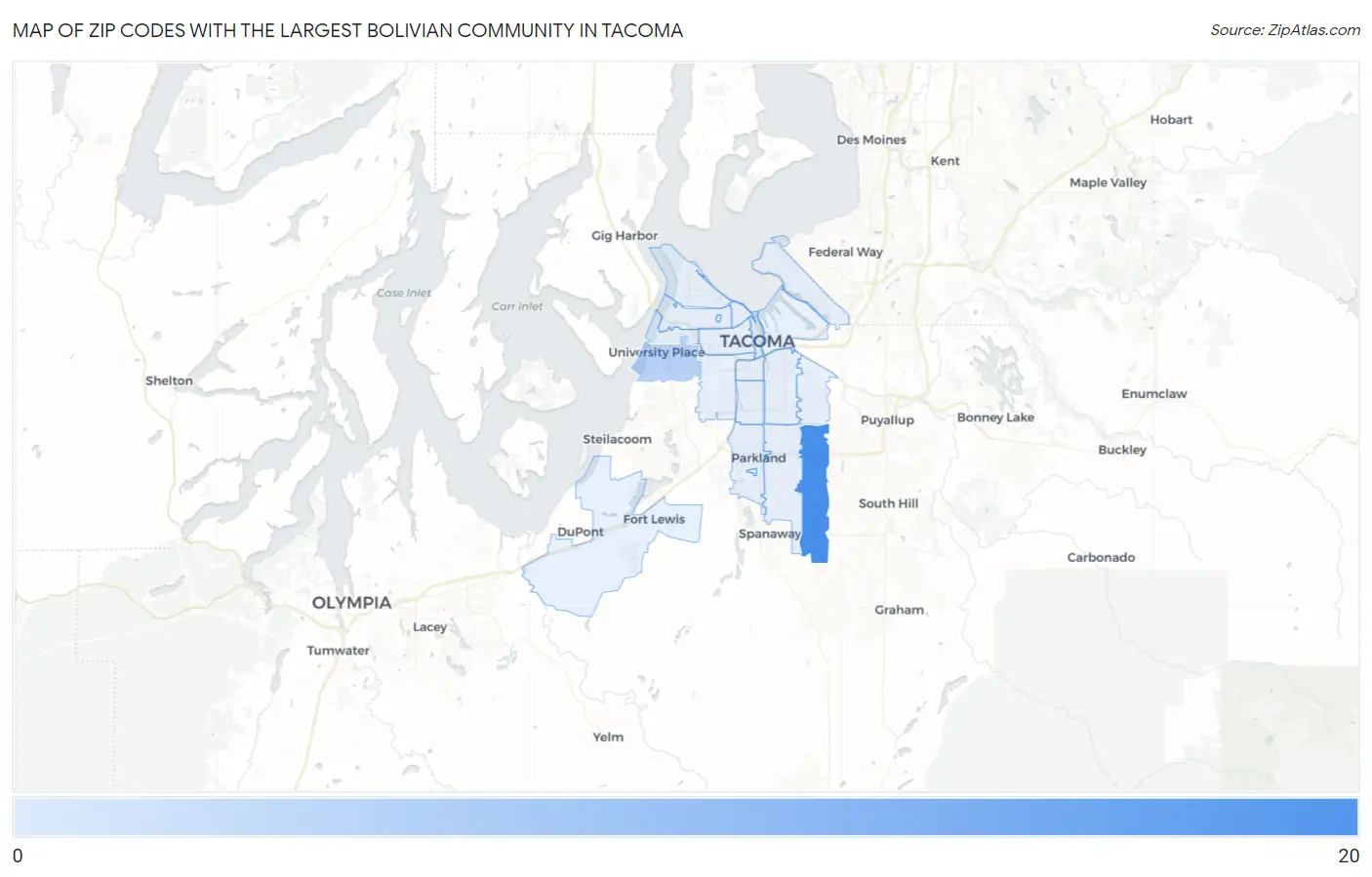 Zip Codes with the Largest Bolivian Community in Tacoma Map