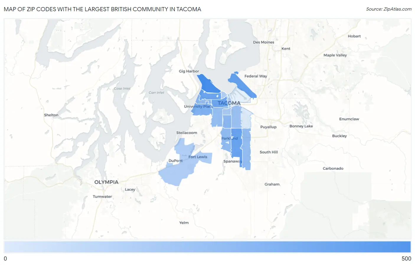 Zip Codes with the Largest British Community in Tacoma Map