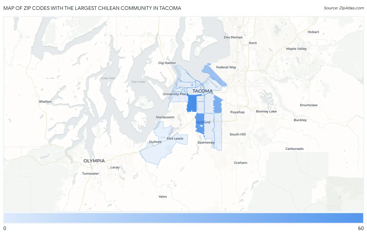 Zip Codes with the Largest Chilean Community in Tacoma Map