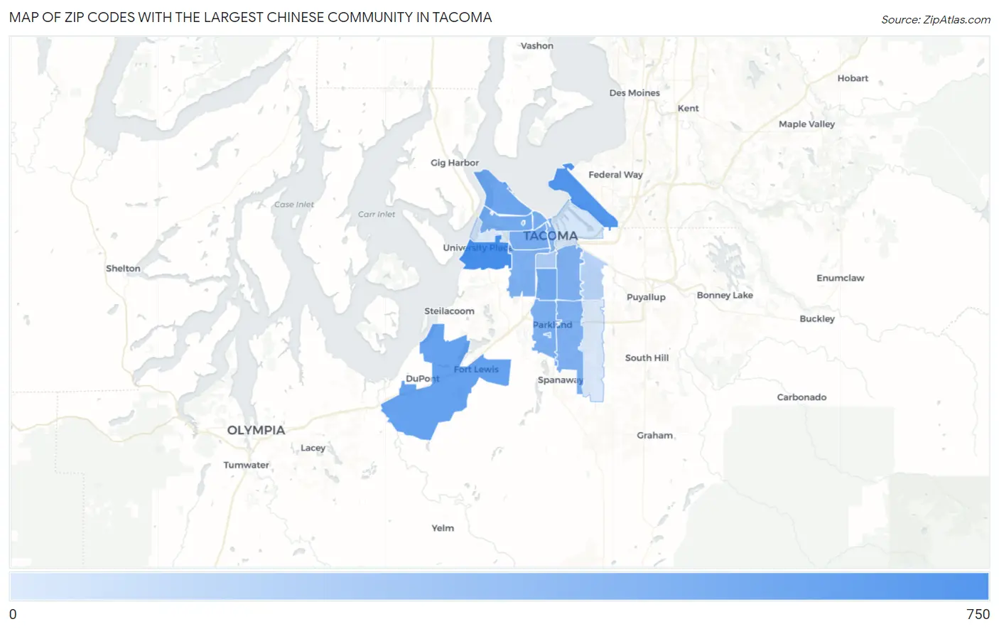 Zip Codes with the Largest Chinese Community in Tacoma Map