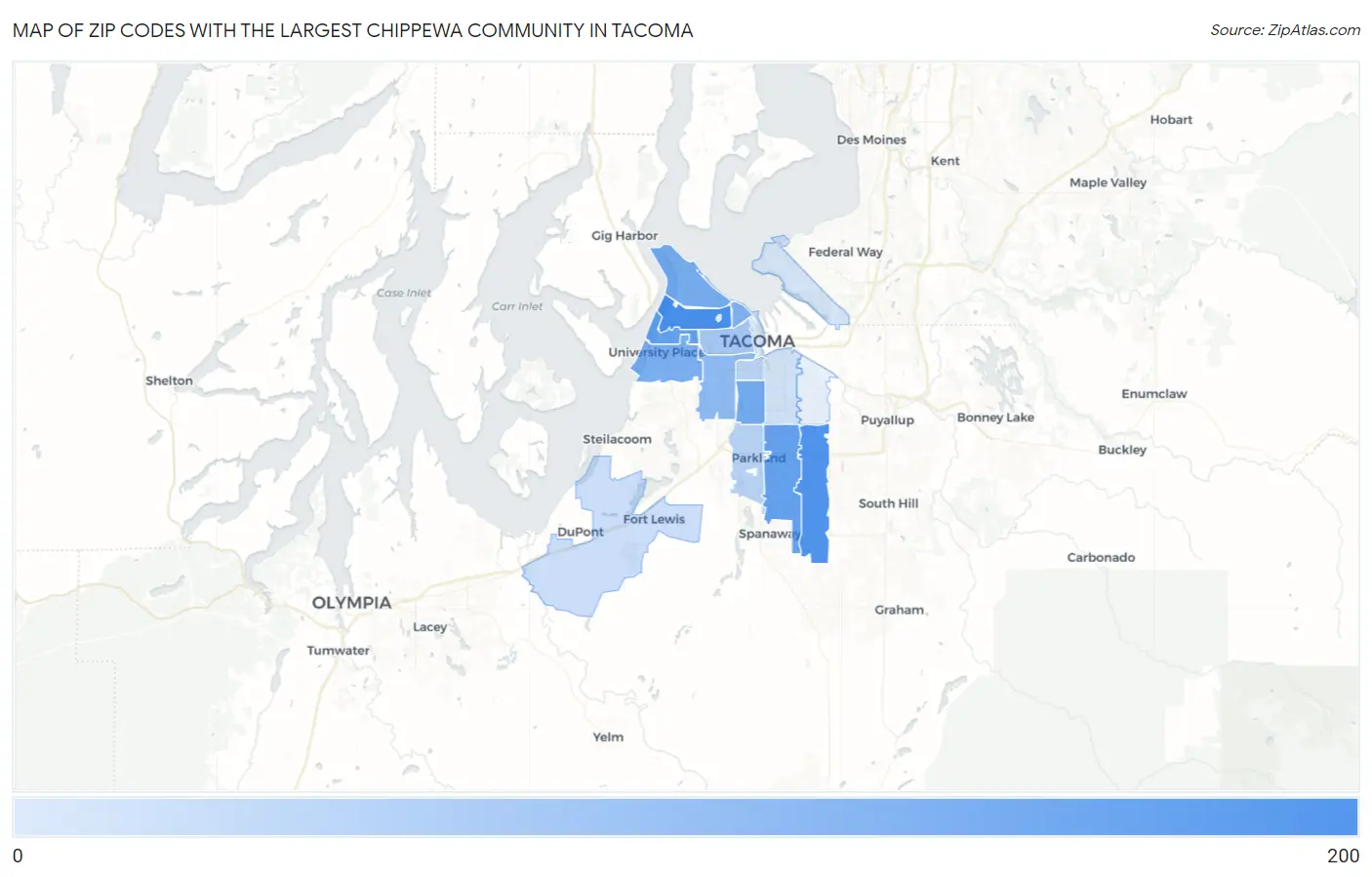 Zip Codes with the Largest Chippewa Community in Tacoma Map