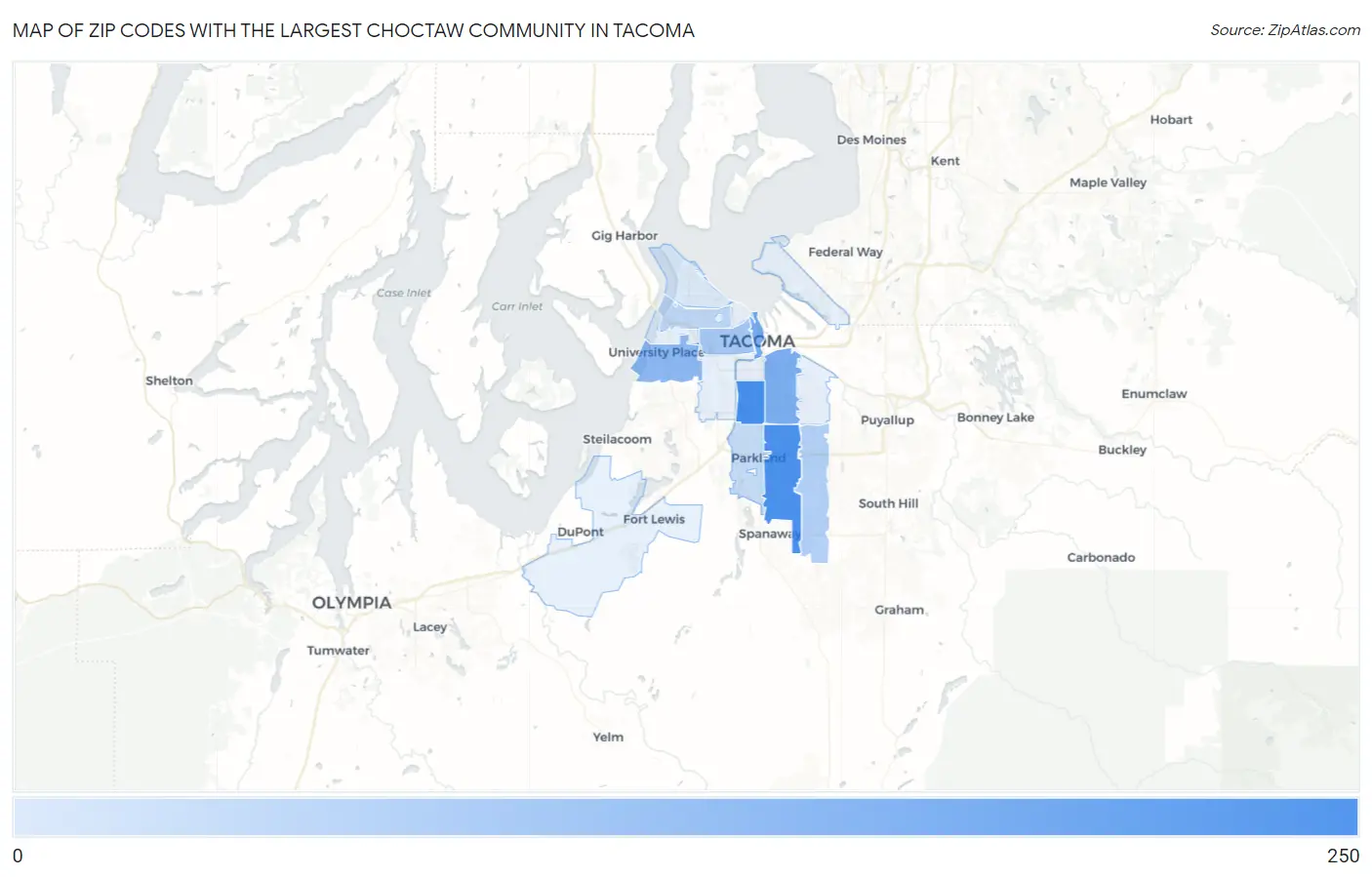 Zip Codes with the Largest Choctaw Community in Tacoma Map