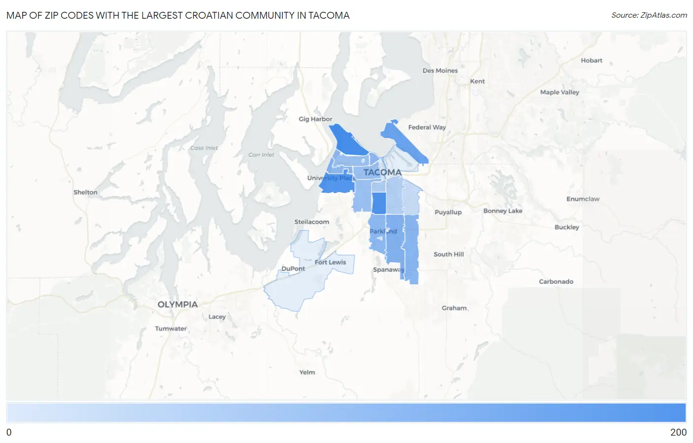 Zip Codes with the Largest Croatian Community in Tacoma Map