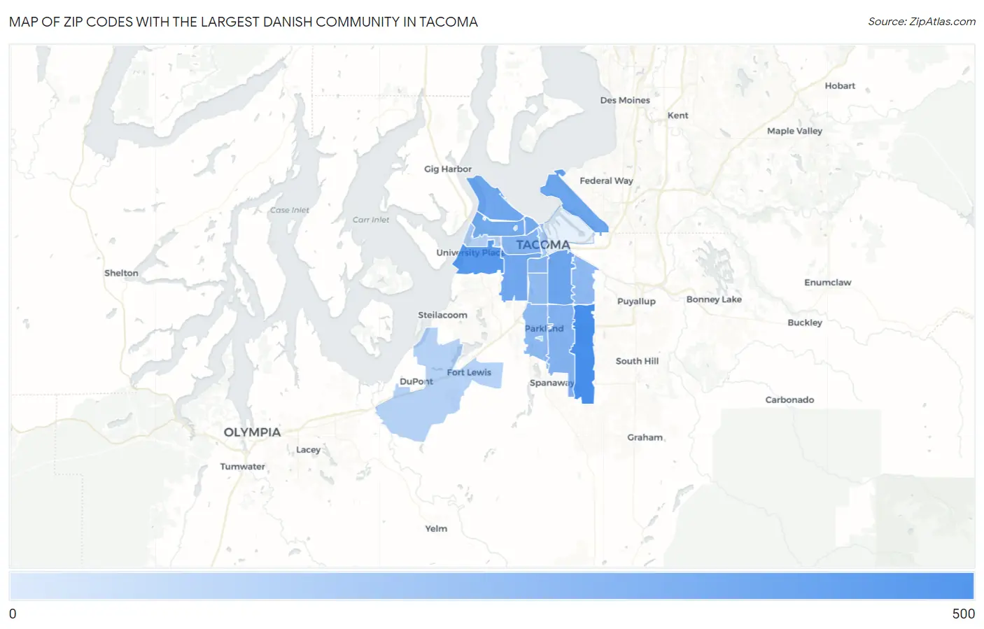 Zip Codes with the Largest Danish Community in Tacoma Map