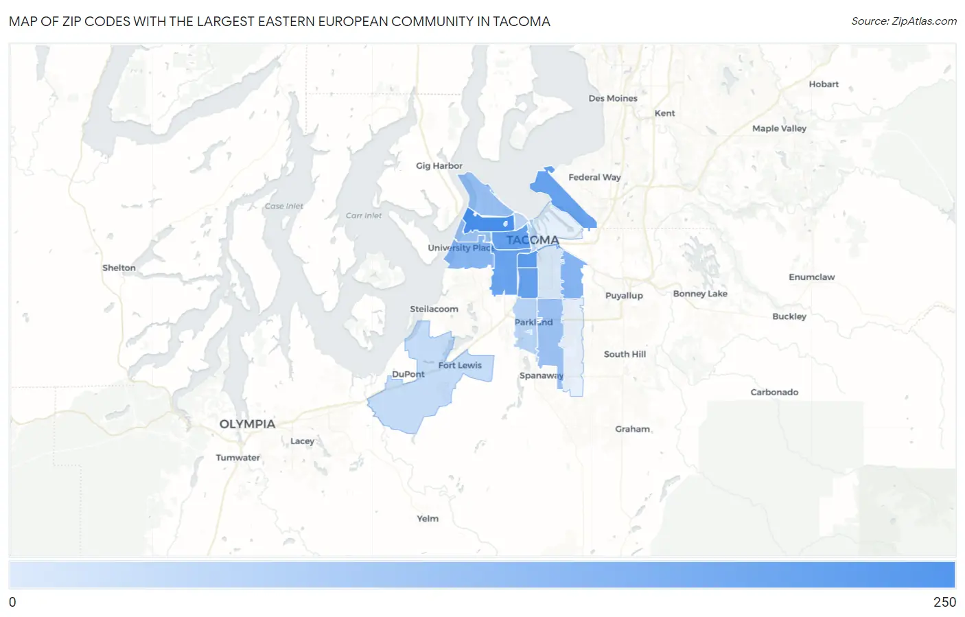 Zip Codes with the Largest Eastern European Community in Tacoma Map