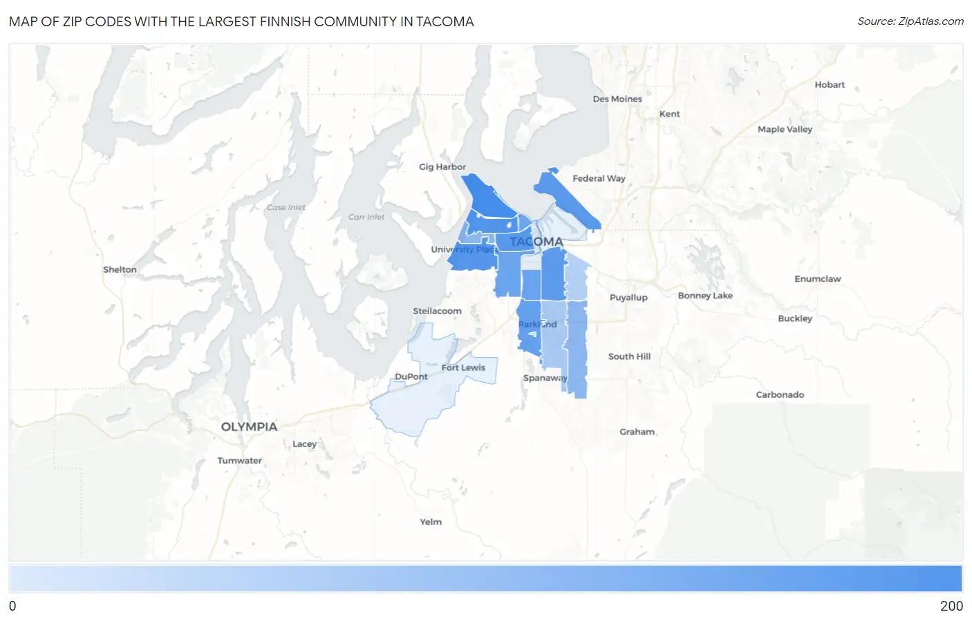 Zip Codes with the Largest Finnish Community in Tacoma Map