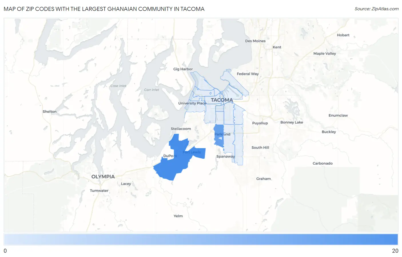 Zip Codes with the Largest Ghanaian Community in Tacoma Map