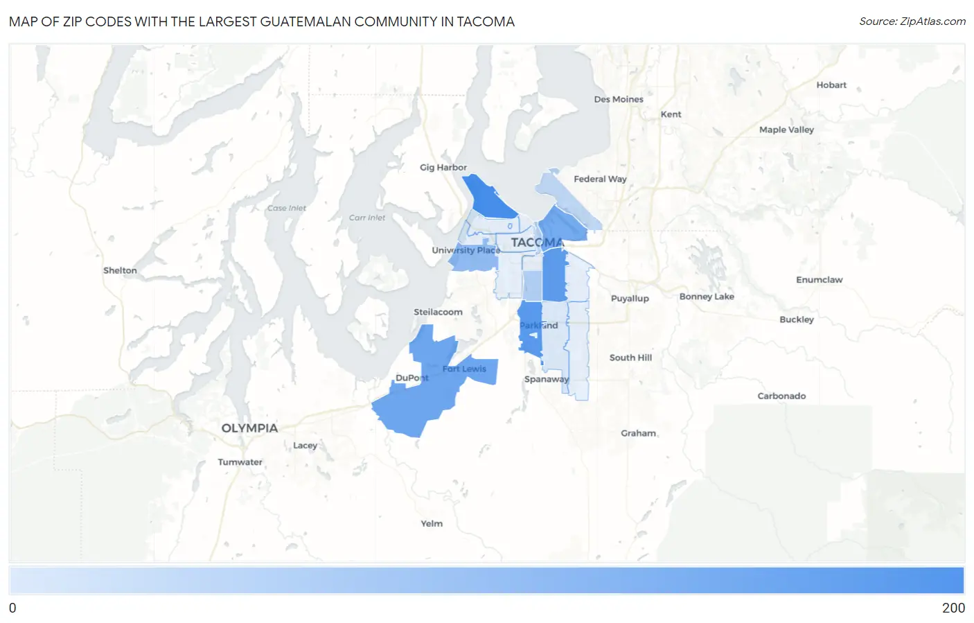 Zip Codes with the Largest Guatemalan Community in Tacoma Map