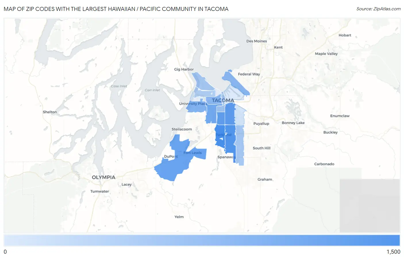Zip Codes with the Largest Hawaiian / Pacific Community in Tacoma Map