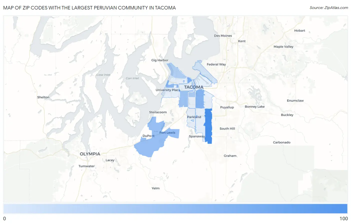 Zip Codes with the Largest Peruvian Community in Tacoma Map