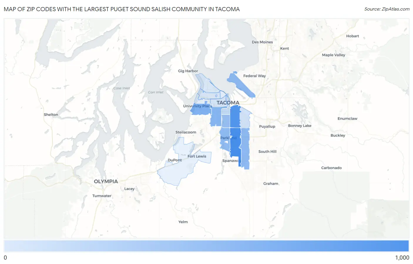 Zip Codes with the Largest Puget Sound Salish Community in Tacoma Map