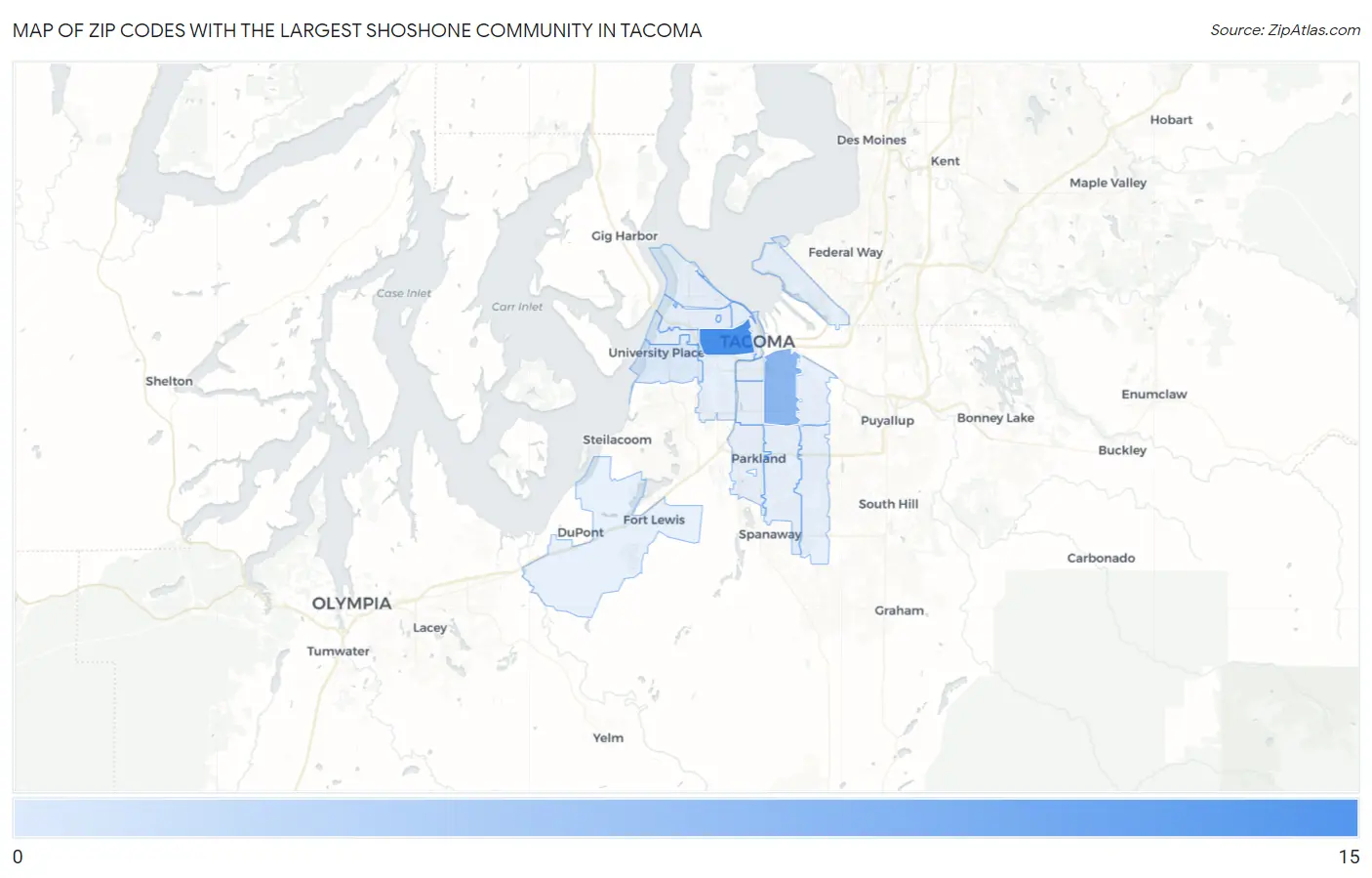 Zip Codes with the Largest Shoshone Community in Tacoma Map