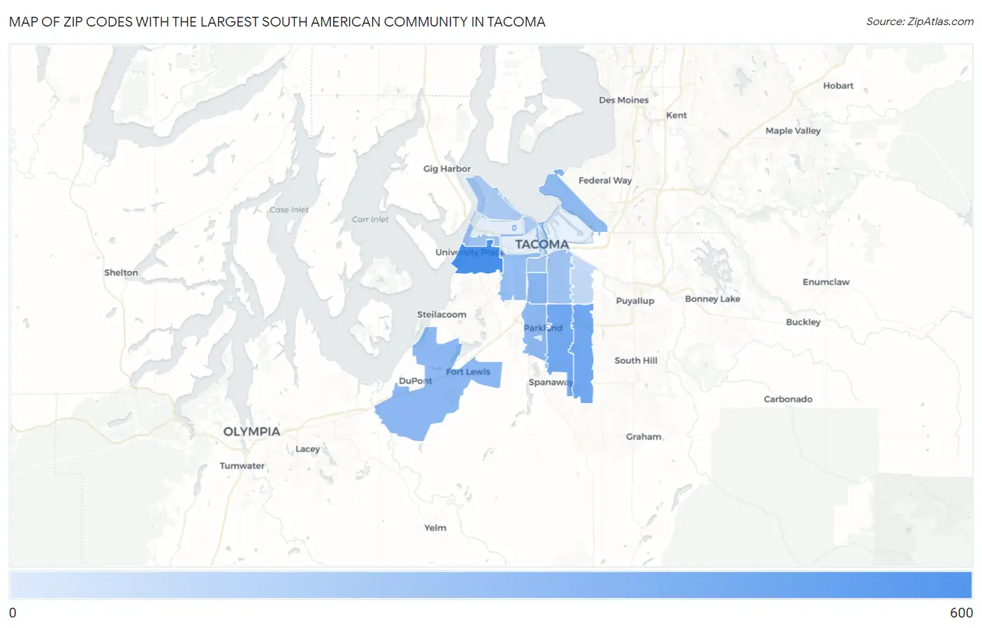 Zip Codes with the Largest South American Community in Tacoma Map