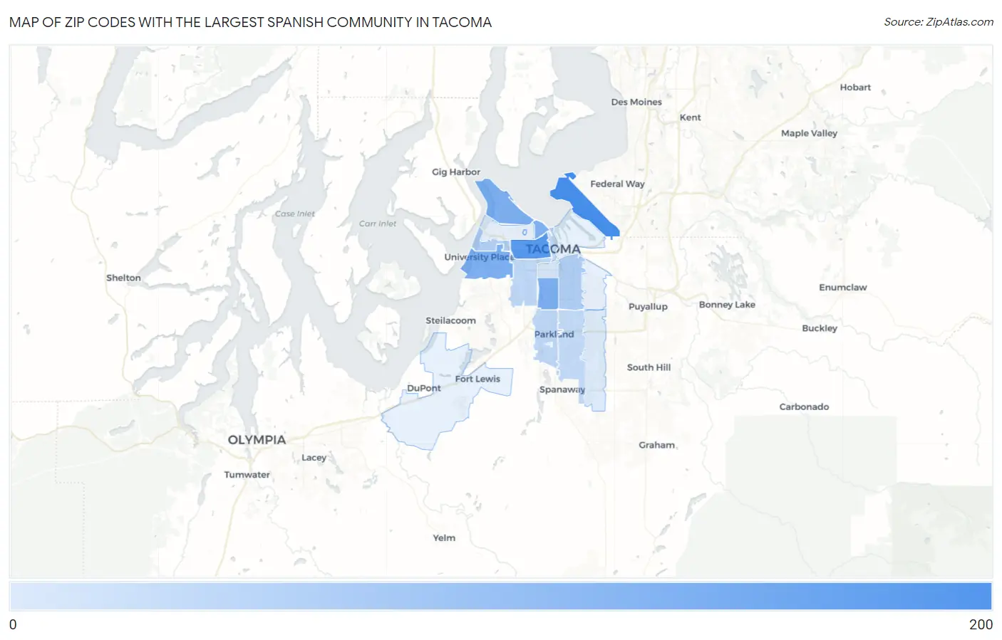 Zip Codes with the Largest Spanish Community in Tacoma Map