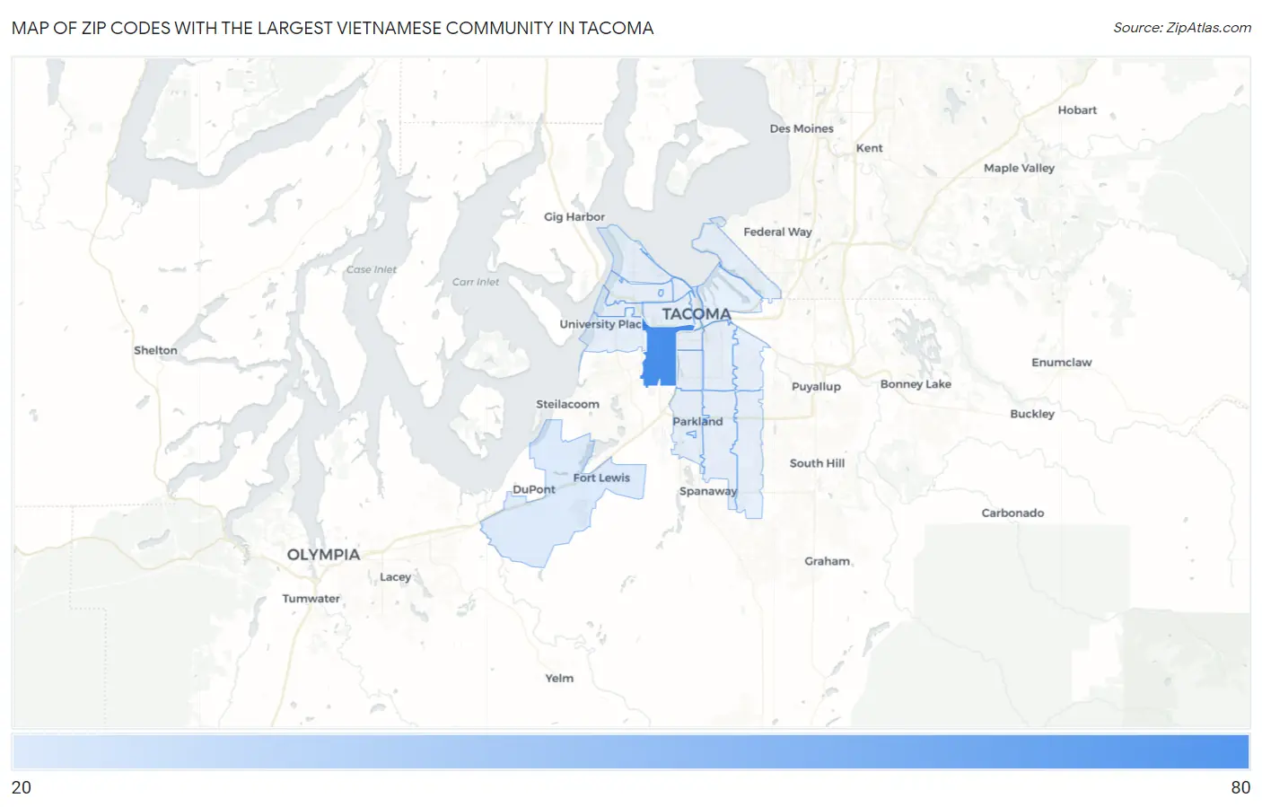Zip Codes with the Largest Vietnamese Community in Tacoma Map