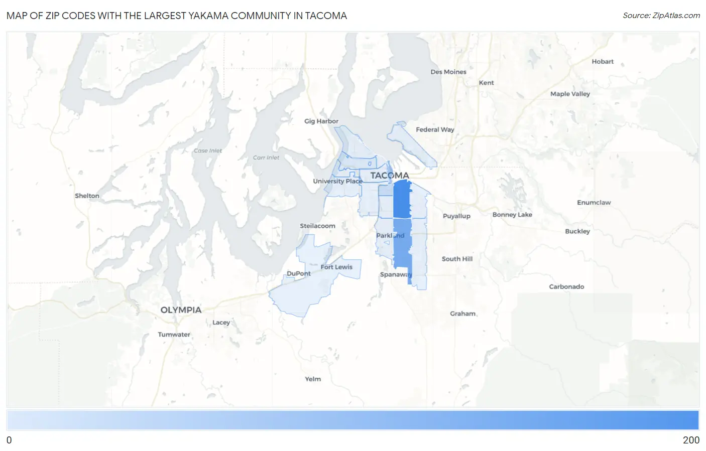 Zip Codes with the Largest Yakama Community in Tacoma Map