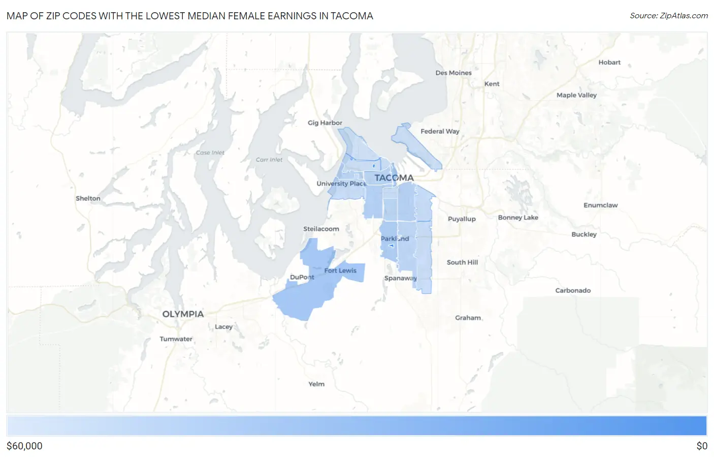 Zip Codes with the Lowest Median Female Earnings in Tacoma Map
