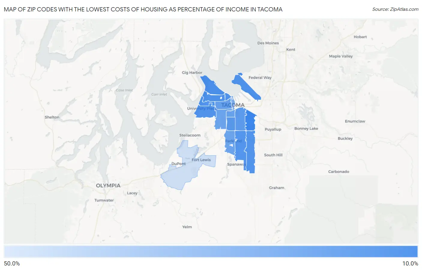 Zip Codes with the Lowest Costs of Housing as Percentage of Income in Tacoma Map