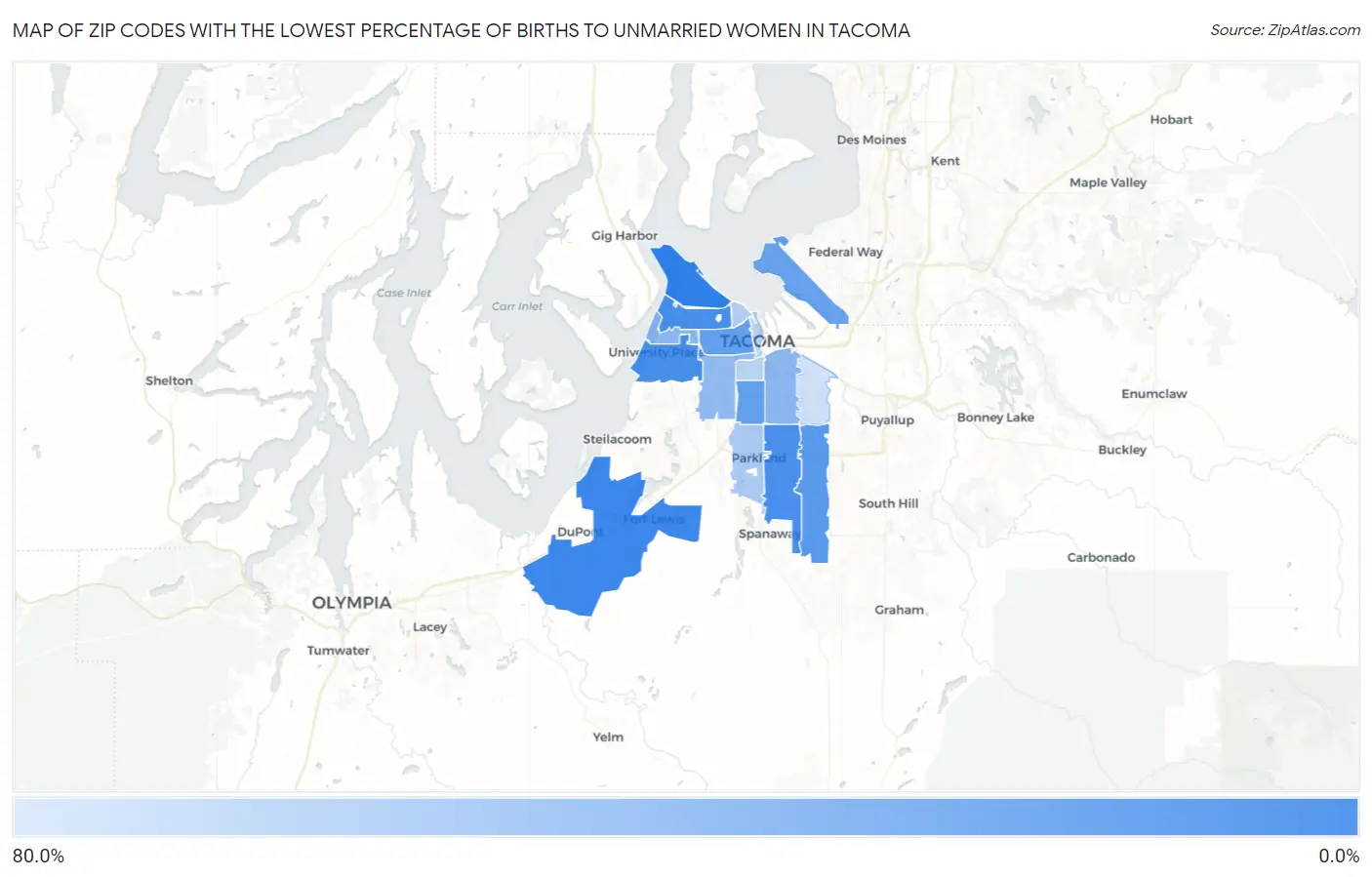 Zip Codes with the Lowest Percentage of Births to Unmarried Women in Tacoma Map