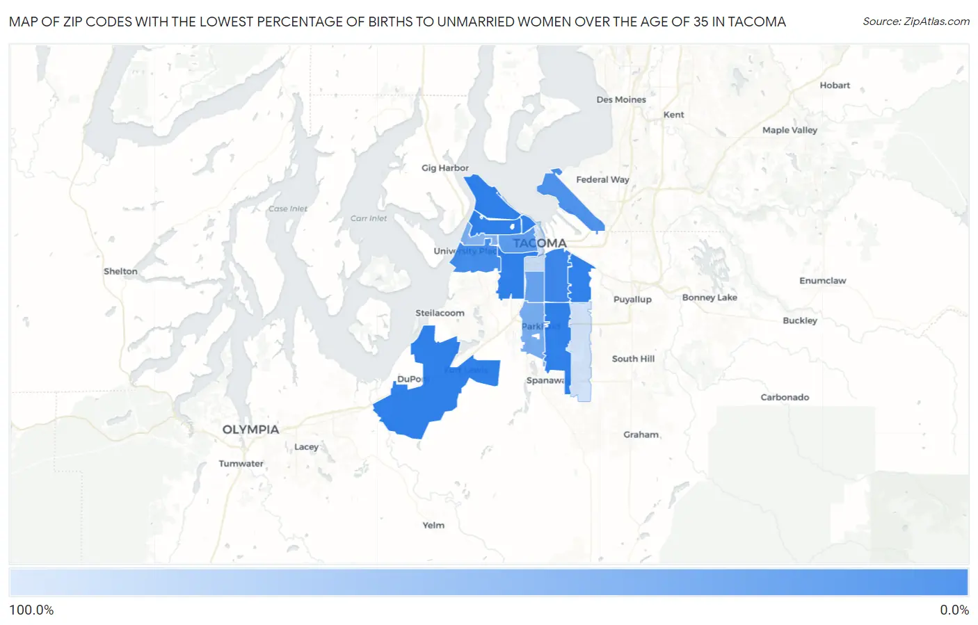 Zip Codes with the Lowest Percentage of Births to Unmarried Women over the Age of 35 in Tacoma Map