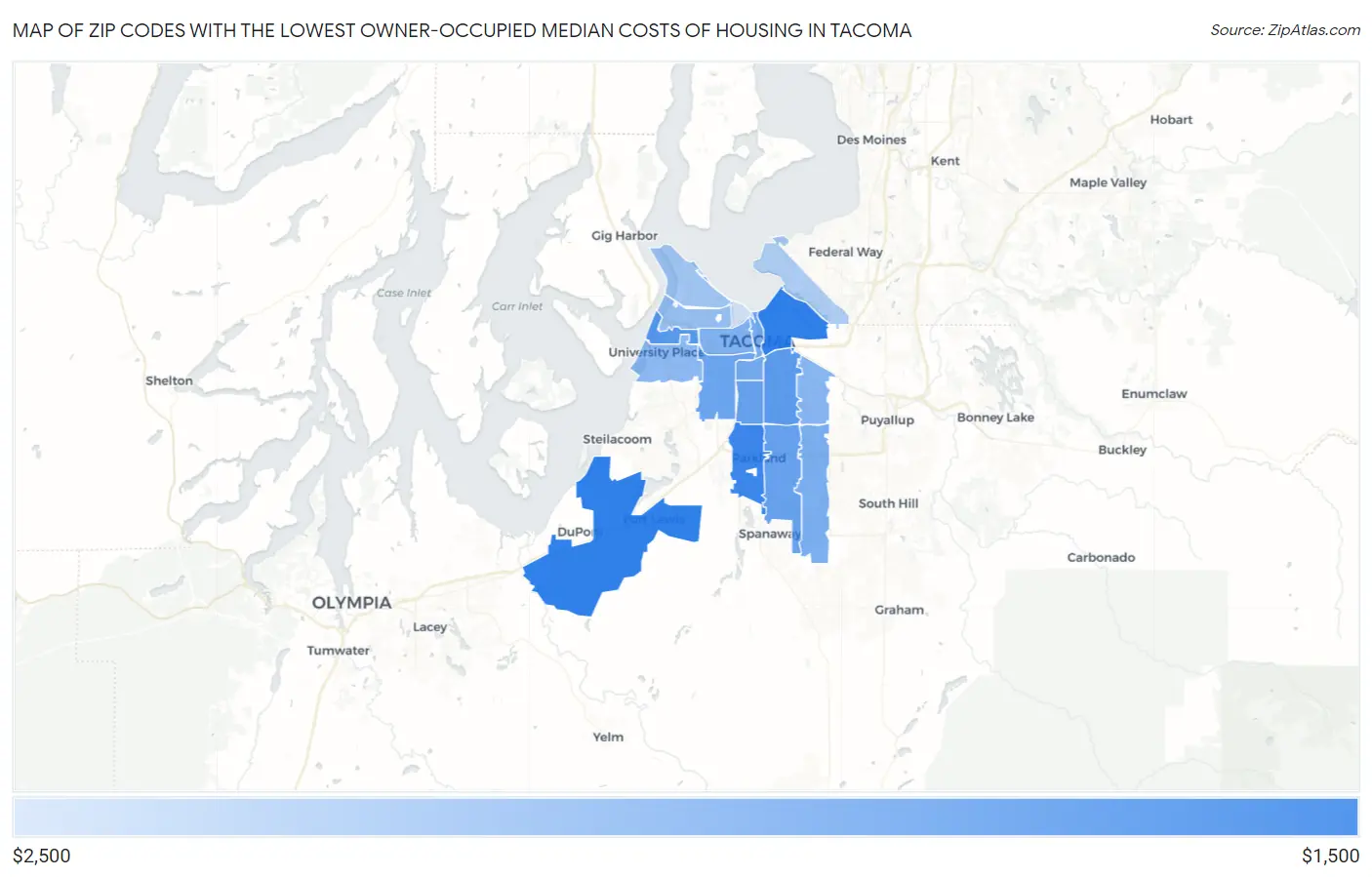 Zip Codes with the Lowest Owner-Occupied Median Costs of Housing in Tacoma Map