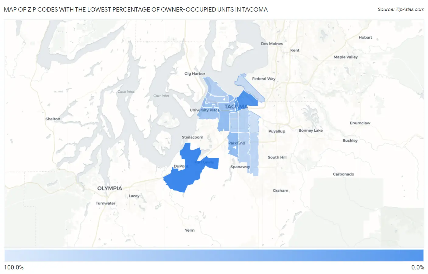 Zip Codes with the Lowest Percentage of Owner-Occupied Units in Tacoma Map