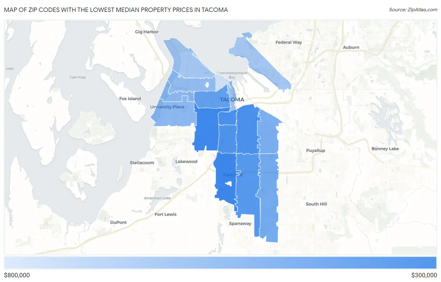 Zip Codes with the Lowest Median Property Prices in Tacoma Map