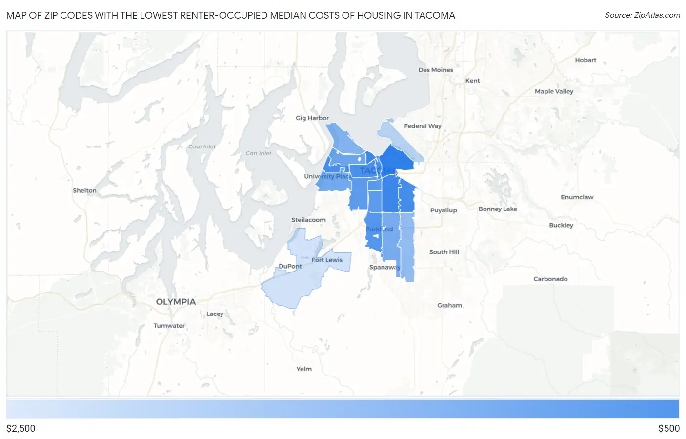 Zip Codes with the Lowest Renter-Occupied Median Costs of Housing in Tacoma Map