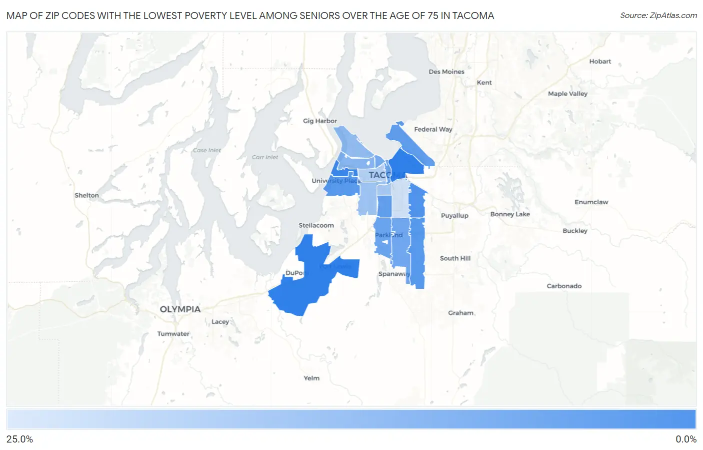 Zip Codes with the Lowest Poverty Level Among Seniors Over the Age of 75 in Tacoma Map