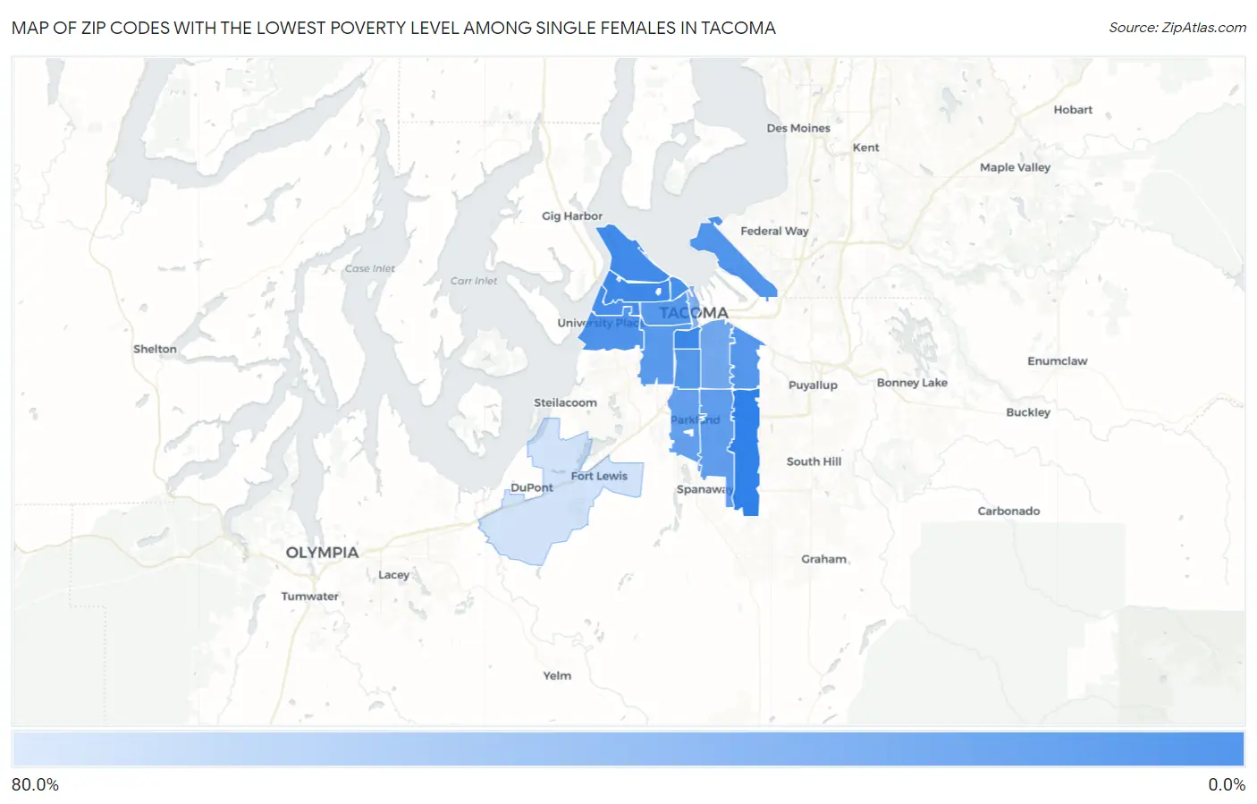 Zip Codes with the Lowest Poverty Level Among Single Females in Tacoma Map