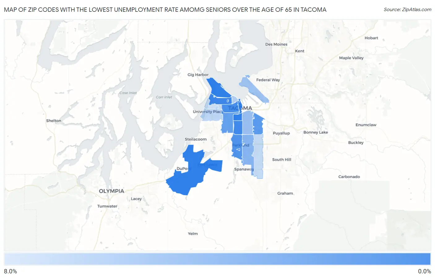 Zip Codes with the Lowest Unemployment Rate Amomg Seniors Over the Age of 65 in Tacoma Map