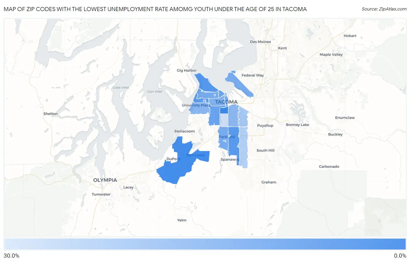 Zip Codes with the Lowest Unemployment Rate Amomg Youth Under the Age of 25 in Tacoma Map