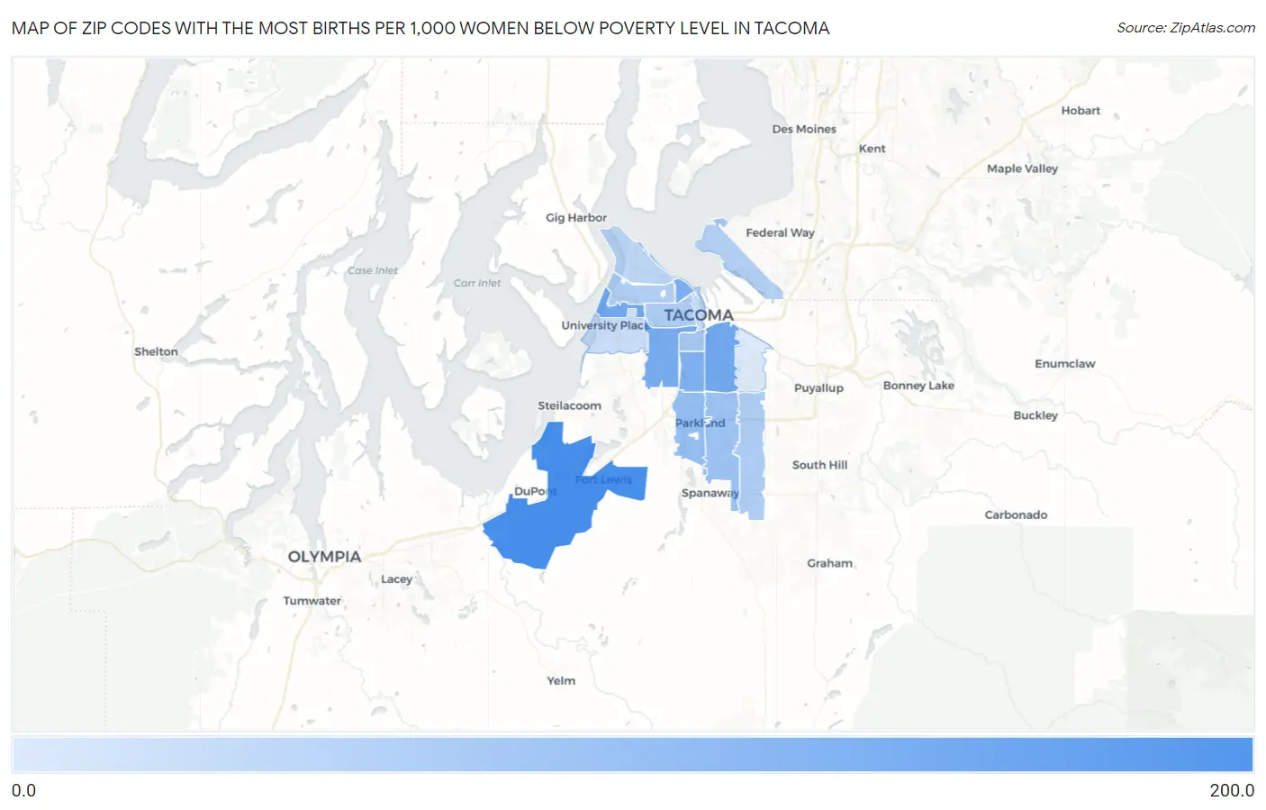 Zip Codes with the Most Births per 1,000 Women Below Poverty Level in Tacoma Map