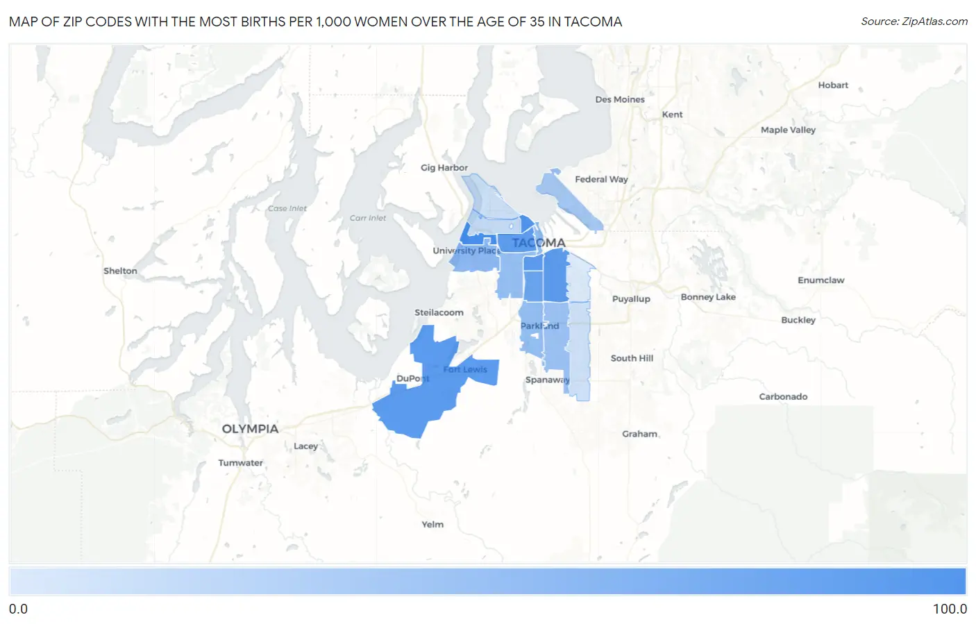 Zip Codes with the Most Births per 1,000 Women Over the Age of 35 in Tacoma Map