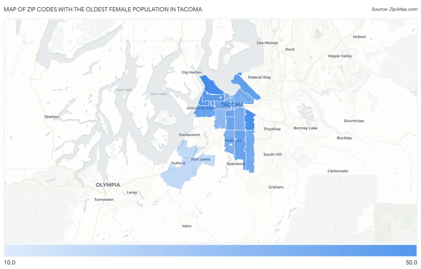 Zip Codes with the Oldest Female Population in Tacoma Map