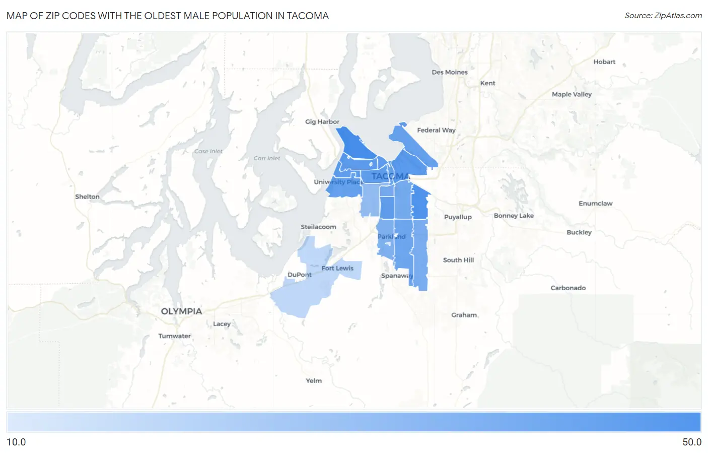 Zip Codes with the Oldest Male Population in Tacoma Map