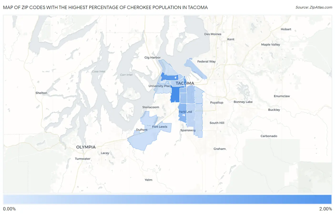 Zip Codes with the Highest Percentage of Cherokee Population in Tacoma Map