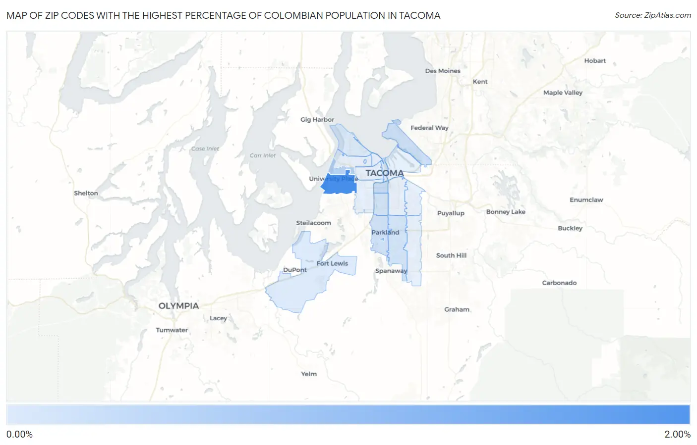 Zip Codes with the Highest Percentage of Colombian Population in Tacoma Map