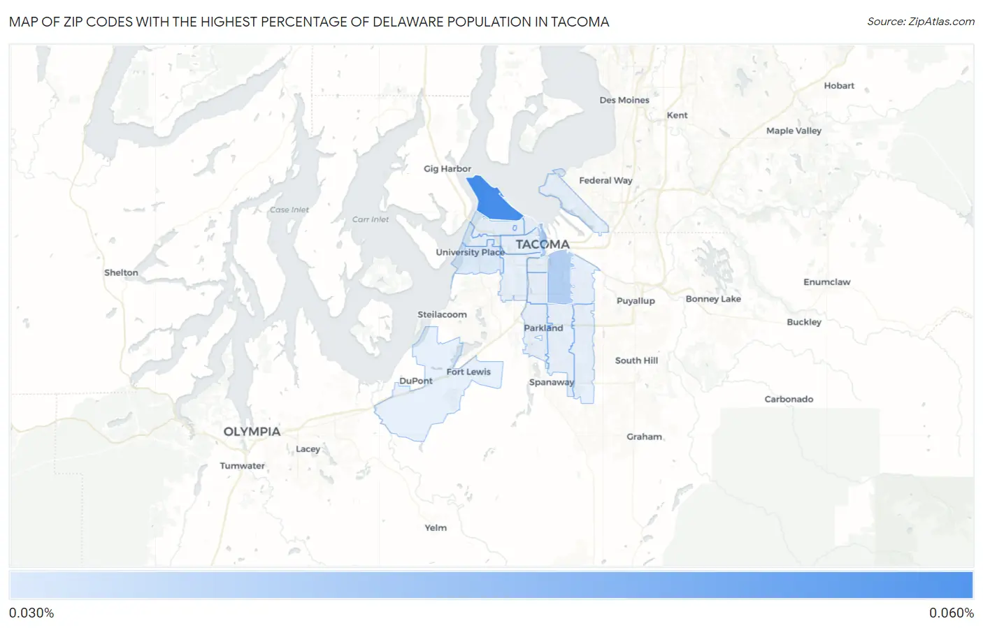Zip Codes with the Highest Percentage of Delaware Population in Tacoma Map